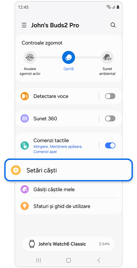 Meniul Setări căști selectat pe ecranul de pornire Galaxy Buds.