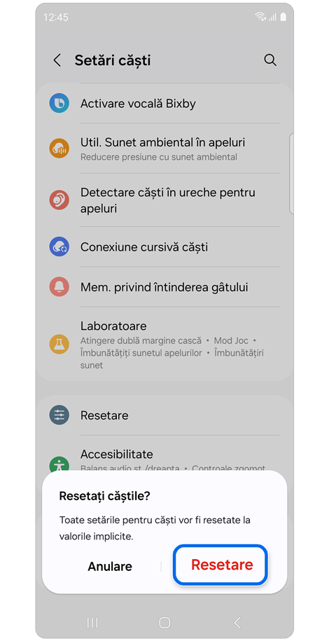 Fereastra pop-up de resetare.