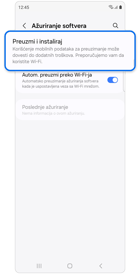 Opcija za preuzimanje i instalaciju softverskog ažuriranja.