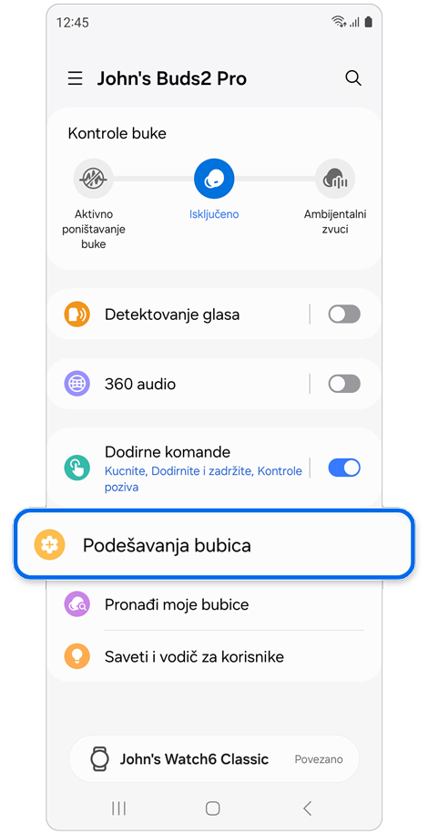 Podešavanja slušalica izabrana na početnom ekranu Galaxy Buds.