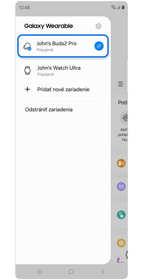 Zoznam zariadení aplikácie Galaxy Wearable.