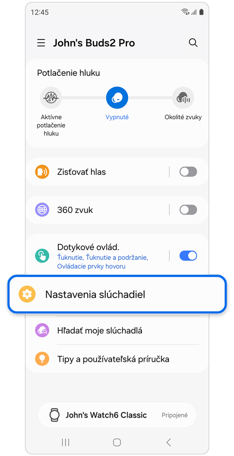 Nastavenia slúchadiel Galaxy Buds vybrané na domovskej obrazovke slúchadiel Galaxy Buds.