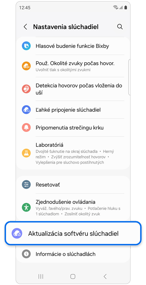 Domovská obrazovka Nastavenia slúchadiel.