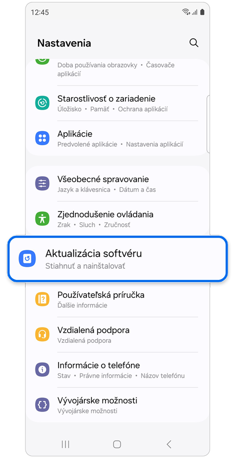 Domovská obrazovka funkcie Nastavenia.