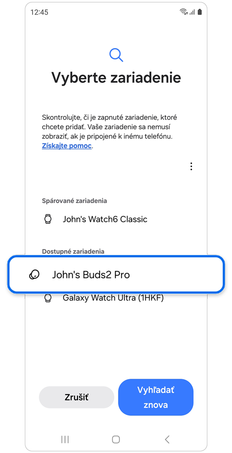 Zoznam zistených bluetooth zariadení.