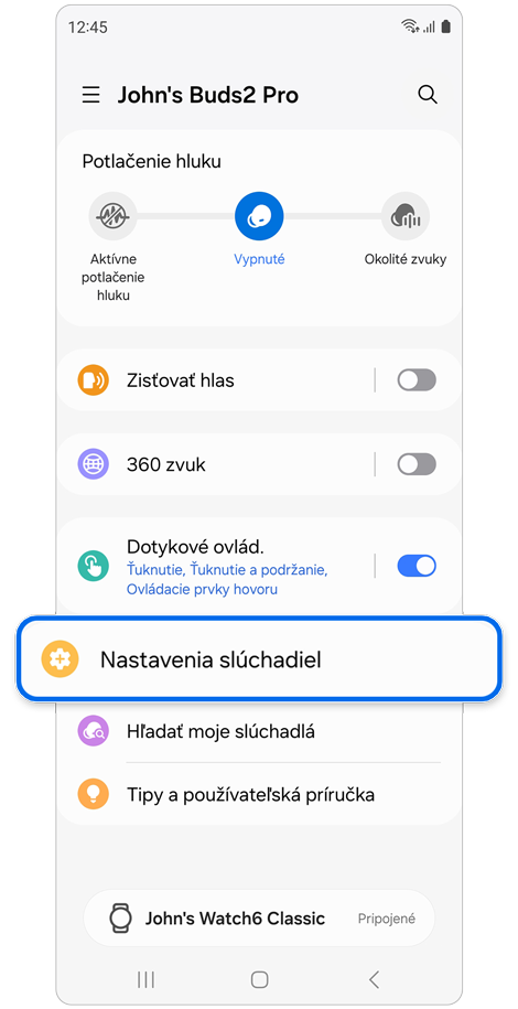 Nastavenia slúchadiel vybrané na domovskej obrazovke Galaxy Buds.