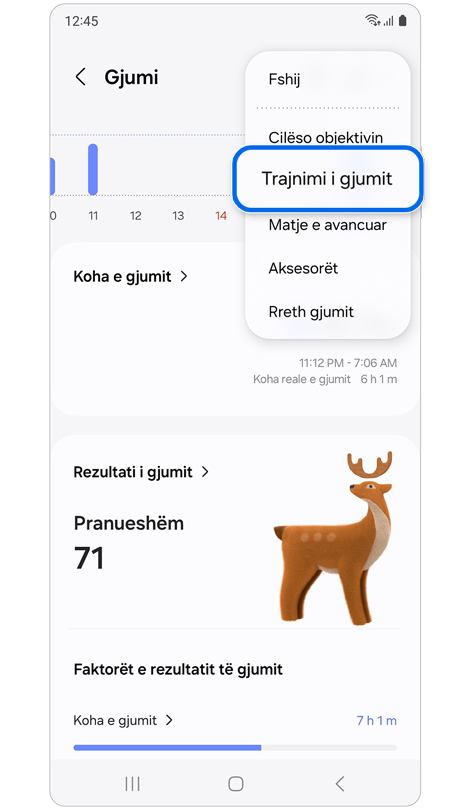 Faqja e veçorisë së monitorimit të gjumit me “Trajnimi i gjumit” të zgjedhur.