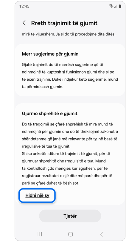 Ekrani “Rreth trajnimit të gjumit”.