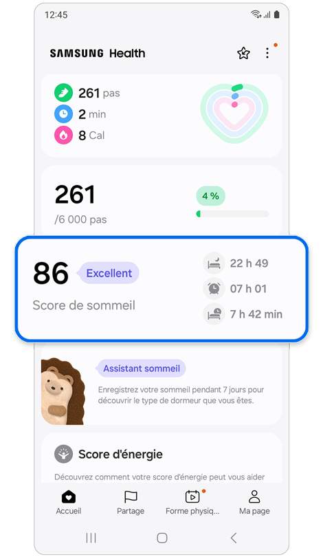 Écran d'accueil de l'application Samsung Health.