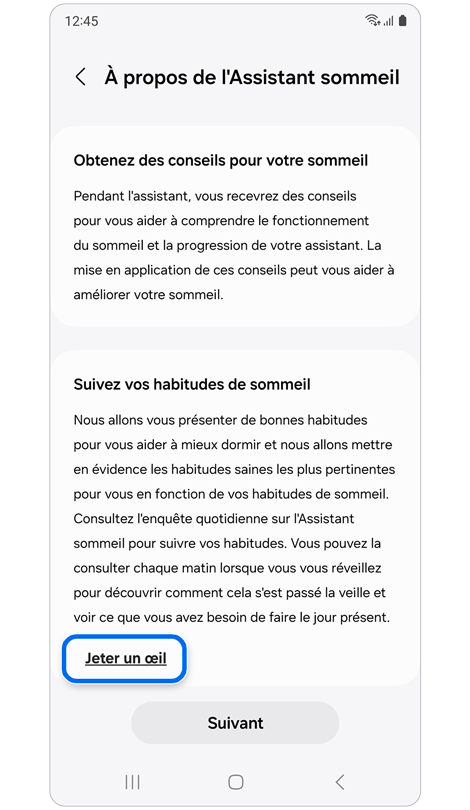 Écran À propos de l’Assistant sommeil de l'application Samsung Health.