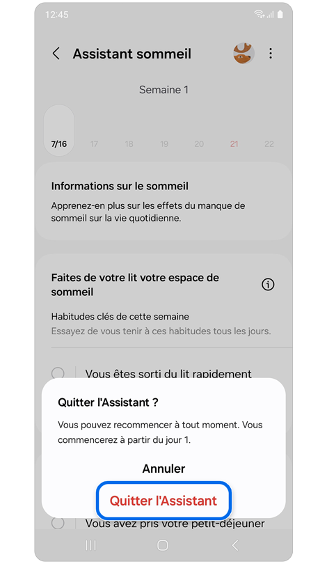Écran de l’Assistant sommeil de l'application Samsung Health.