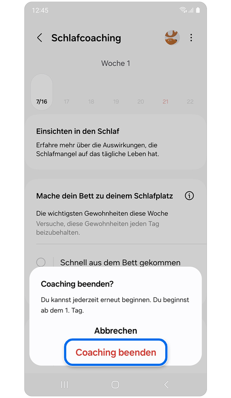 Popup-Fenster zum Beenden von „Schlafcoaching“