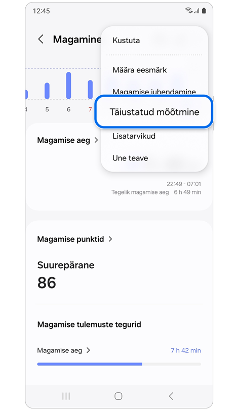 Unerežiimi funktsioon rakenduses Samsung Health.