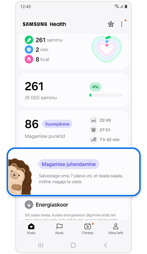 Samsung Health rakenduse avaleht.