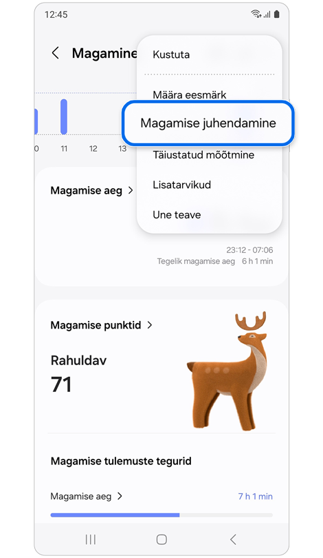 Unerežiimi jälgimise funktsiooni leht, kus on valitud „Magamise juhendamine”.