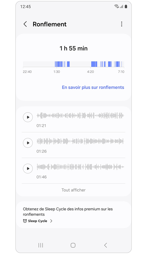 Écran d'accueil du menu de ronflement de l'application Samsung Health.