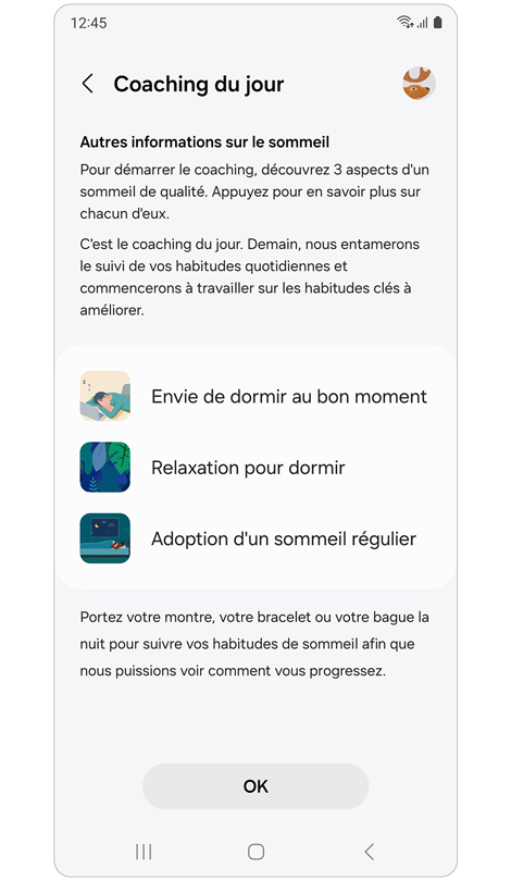 Écran de l’assistant du jour de l'application Samsung Health.