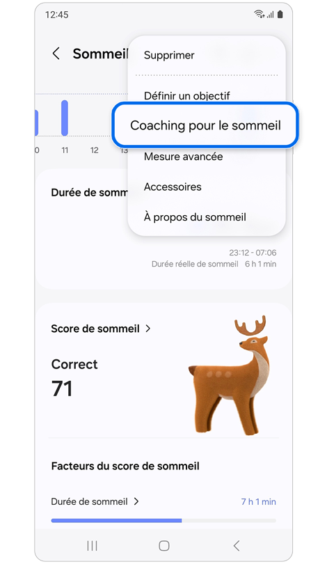 Écran d'accueil du menu sommeil de l'application Samsung Health.