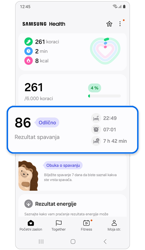 Samsung Health aplikacija početni zaslon.