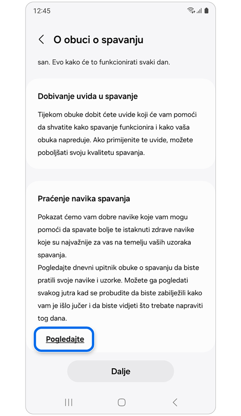 Zaslon “O treniranju spavanja”.