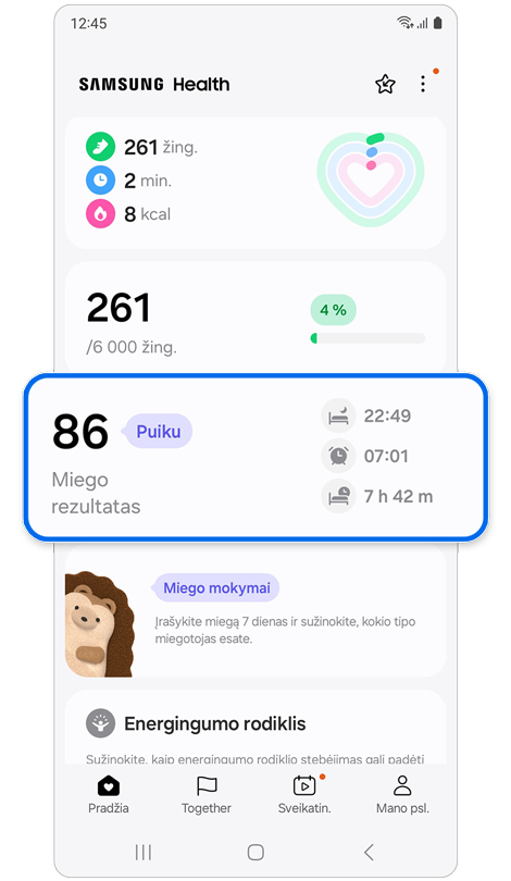 Programos Samsung Health pradžios ekranas.