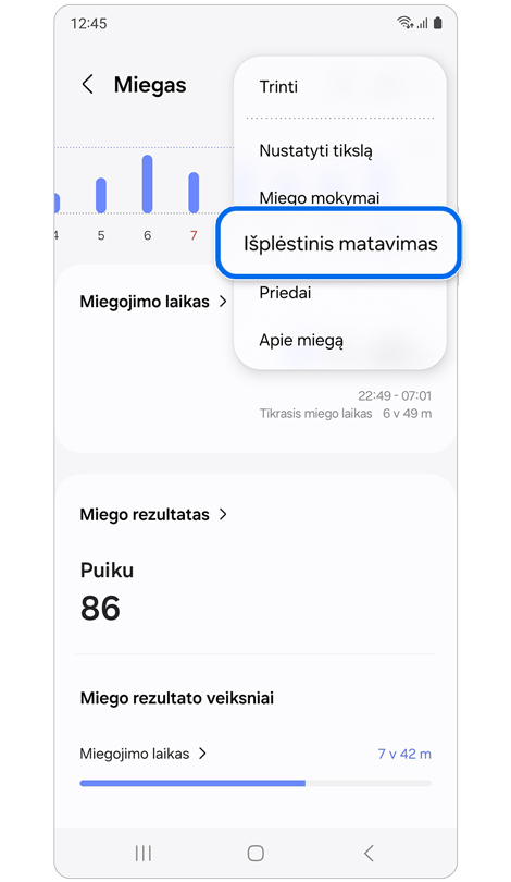 Miego funkcija programoje Samsung Health.