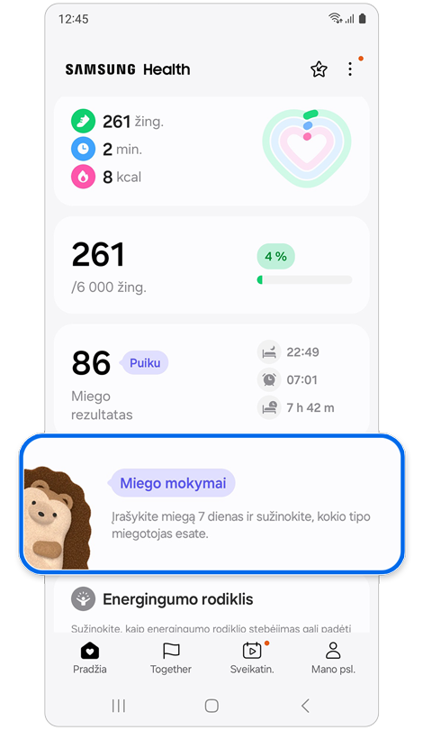 Programos Samsung Health pradžios ekranas.