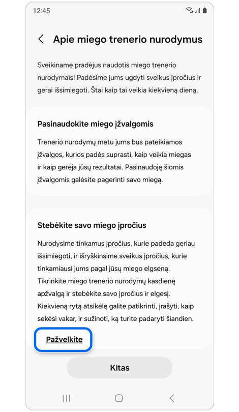 Ekranas „Apie miego trenerio nurodymus“.