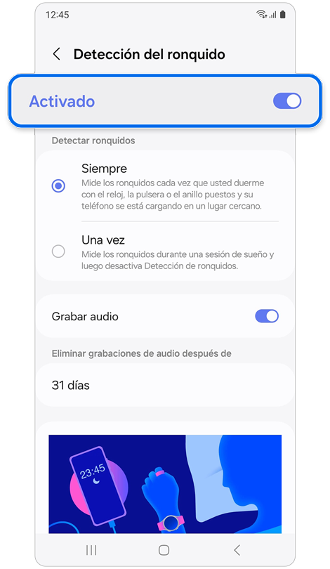 Pantalla de ajustes de “detección del ronquido” en el teléfono Samsung Galaxy.