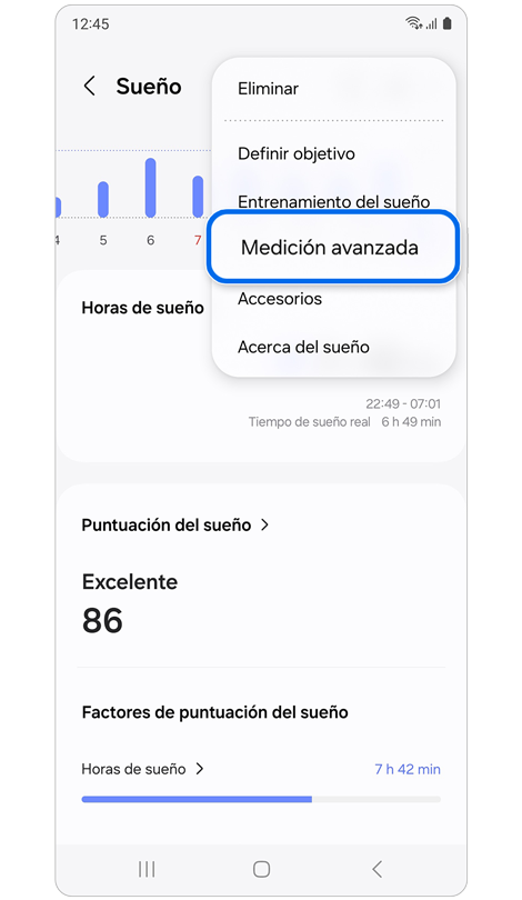Función de sueño en la app Samsung Health.