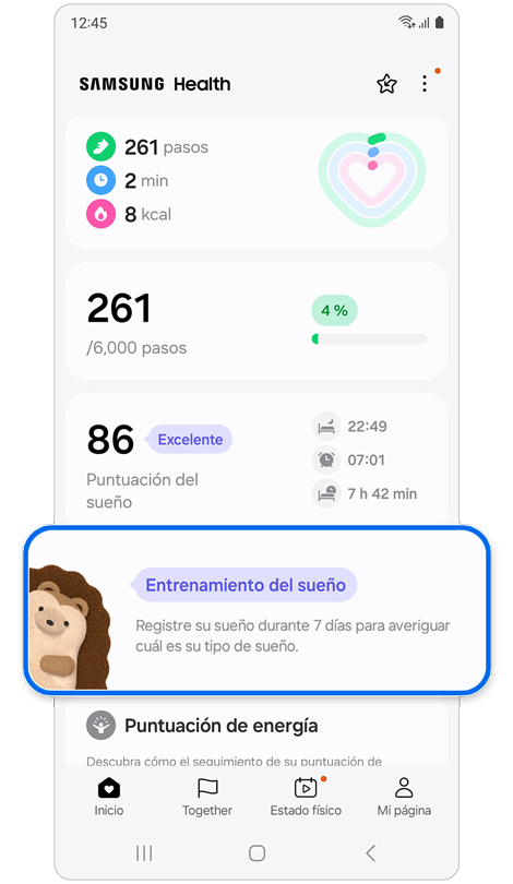 Pantalla de inicio de la app Samsung Health.