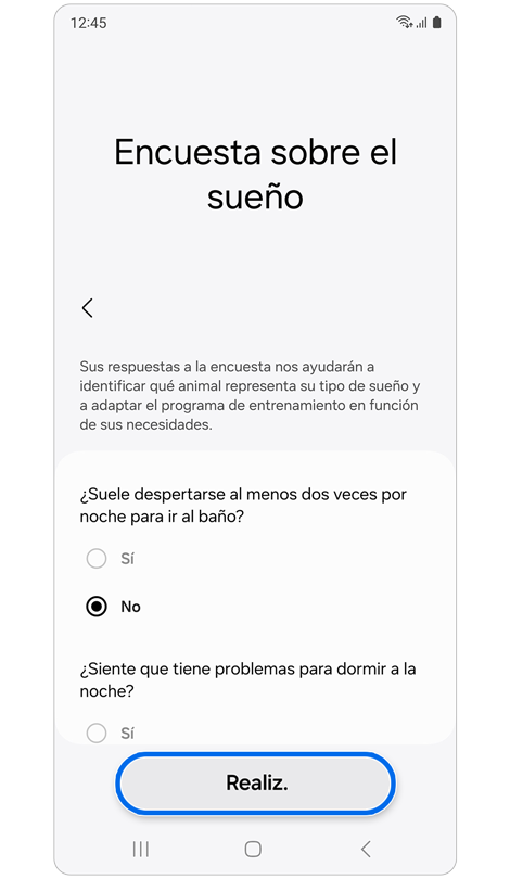 Pantalla de Encuesta sobre el sueño.