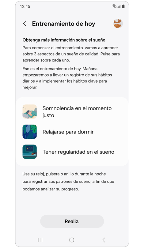Pantalla de “Entrenamiento de hoy”.