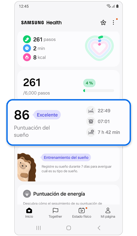 Pantalla de inicio de la app Samsung Health.