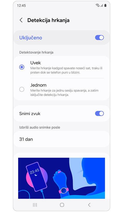 Detekcija hrkanja ekran funkcije.