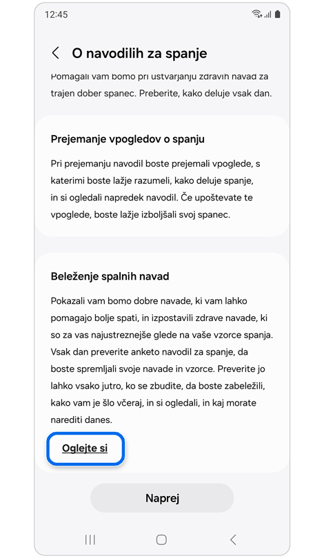 Zaslon »O navodilih za spanje«.