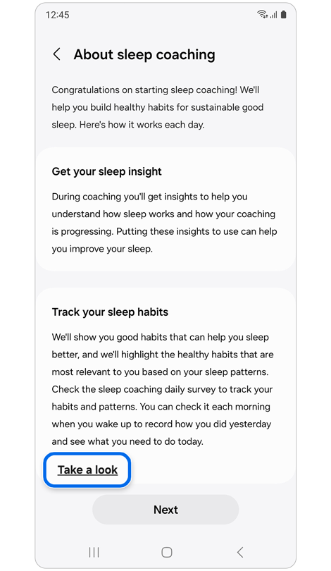 “About sleep coaching” screen.