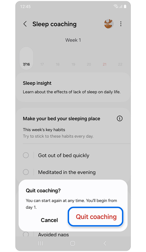 Popup window to quit “Sleep coaching”.