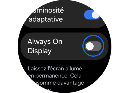 Écran du menu d’affichage sur une Galaxy Watch.