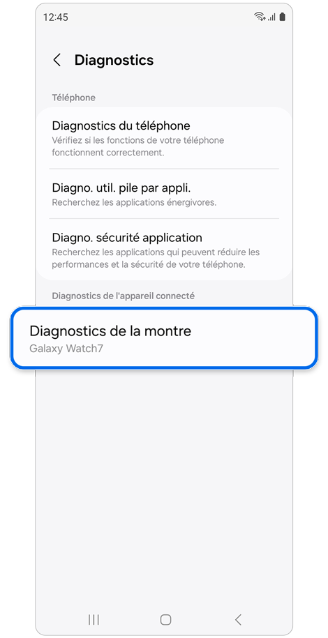Écran du menu Diagnostics de l'application Samsung Members.