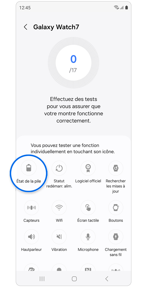 Écran des diagnostic disponibles pour une Galaxy Watch