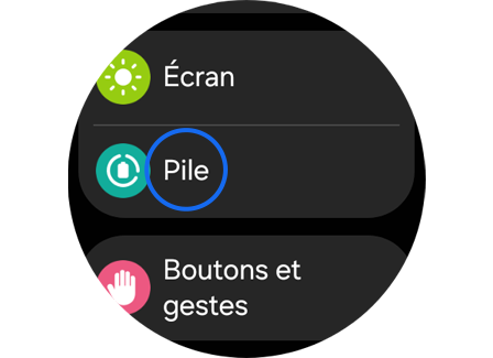 Écran du menu des paramètres sur une Galaxy Watch.