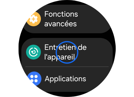 Écran du menu d’entretien de l'appareil sur une Galaxy Watch.