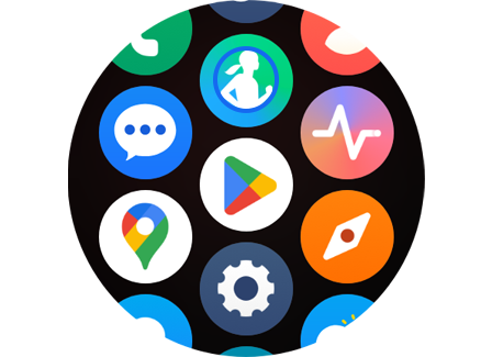 Écran des icônes des applications disponibles sur une Galaxy Watch.