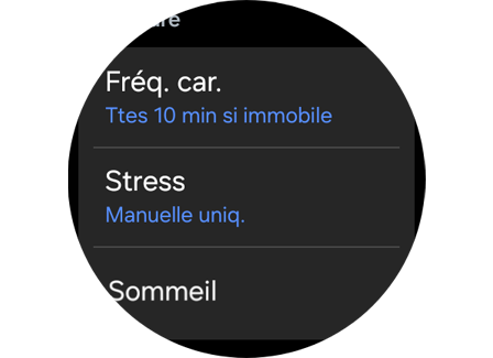 Écran du menu des paramètres de Samsung Health sur une Galaxy Watch.