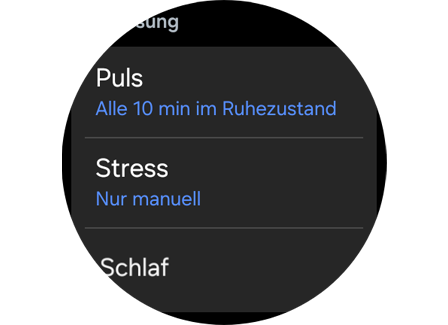 Optionen „Puls“, „Stress“ und „Schlaf“ in den „Einstellungen“