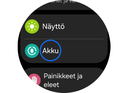 Galaxy Watch “Asetukset” -näyttö.