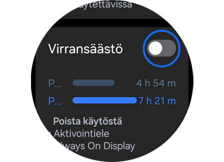 Galaxy Watch “Virransäästö” -ominaisuus.