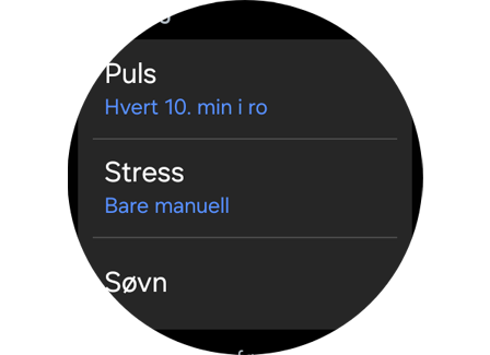 Alternativene «Puls», «Stress» og «Søvn» i «Innstillinger».