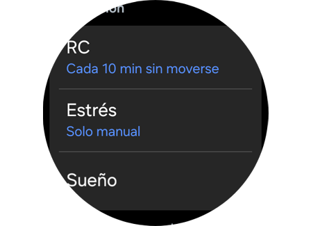 Opciones de “Frecuencia cardíaca”, “Estrés” y “Sueño” en “Ajustes”.